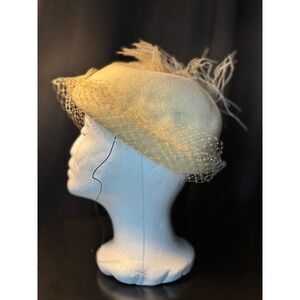 Vintage Cream Wool Felt Pillbox Hat with Veil Bow and Ostrich Feathers Ivory